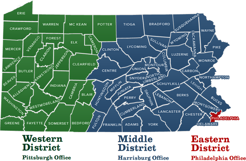 Map of Pennsylvania with counties color coded by Supreme Court district.